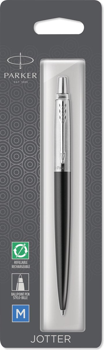 Stylo à bille Parker Jotter | Bond Street noir avec bord chromé | pointe moyenne à l'encre bleue