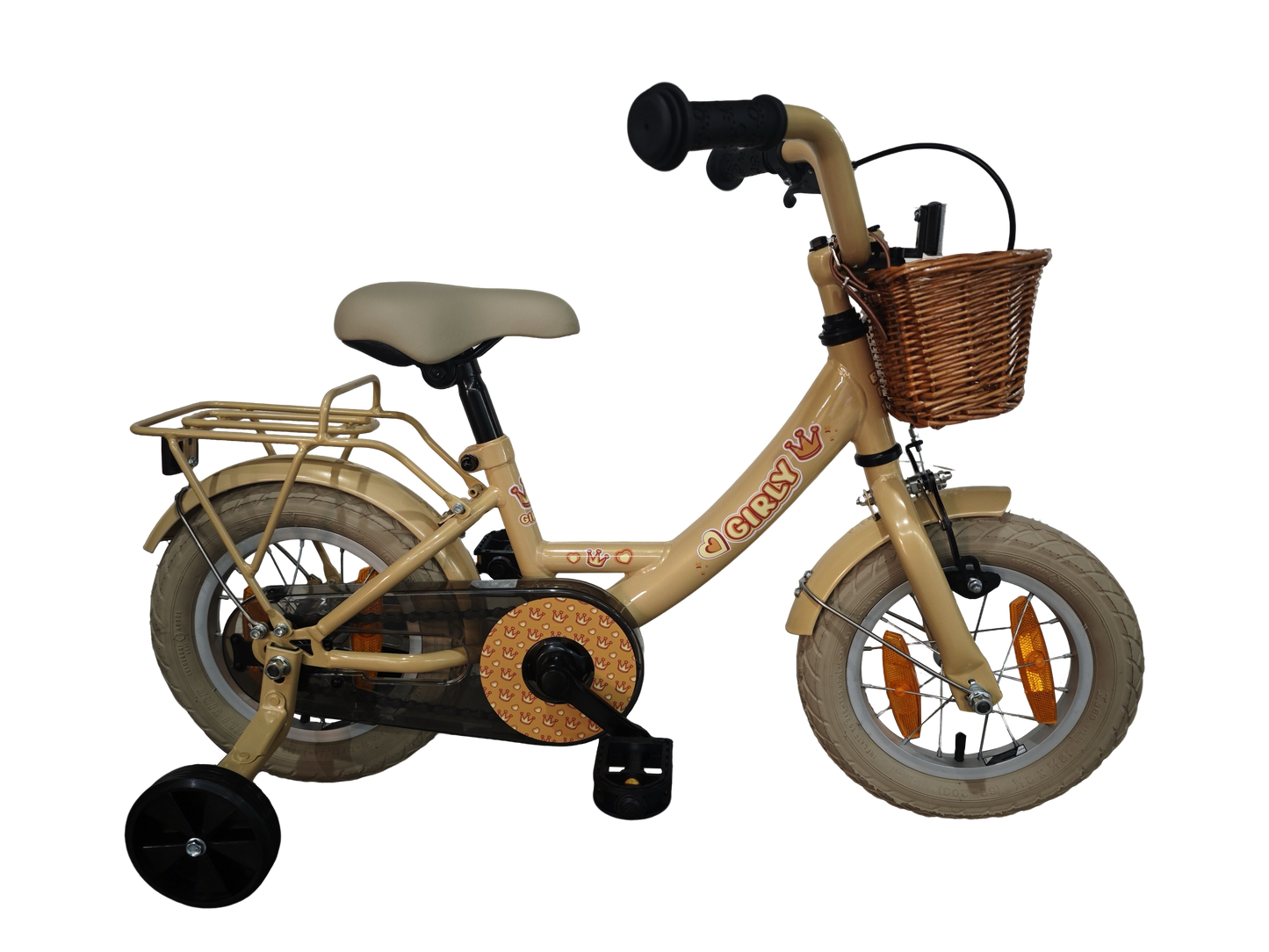 Vélo pour enfants Bikefun girly 12 pouces - avec panier, roues d'entraînement et moyeu de frein - or