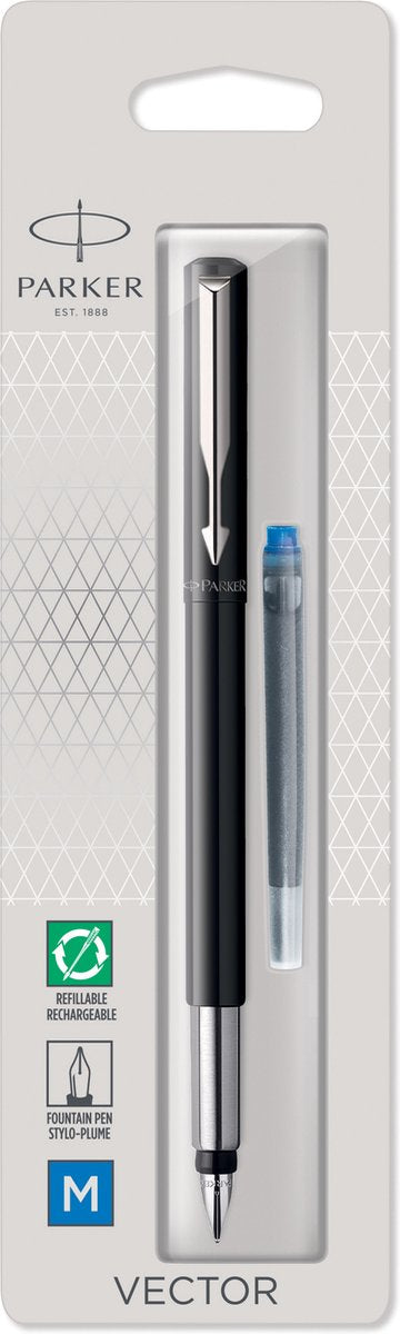 Stylo plume vectoriel Parker | noir avec finition chromée | point moyen | encre bleue | onglet suspendu