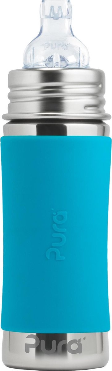 Bouteille à bec Pura 325 ml - gobelet à bec verseur - grandit avec vous - sans plastique - passe au lave-vaisselle - avec bec verseur en silicone, capuchon de voyage et manchon - aqua