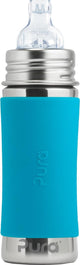 Bouteille à bec Pura 325 ml - gobelet à bec verseur - grandit avec vous - sans plastique - passe au lave-vaisselle - avec bec verseur en silicone, capuchon de voyage et manchon - aqua