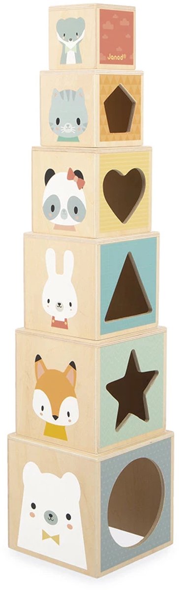 Janod - pure - tour à empiler en bois avec 6 cubes - motifs chiffres et animaux