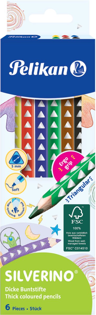 Crayons de couleur Pelikan silverino - triangulaires 5,0 mm - 6 couleurs
