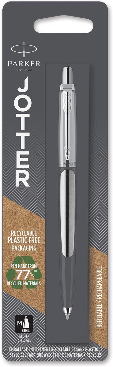 Stylo gel Parker Jotter | en acier inoxydable avec détails chromés | encre noire à pointe moyenne (0,7 mm)