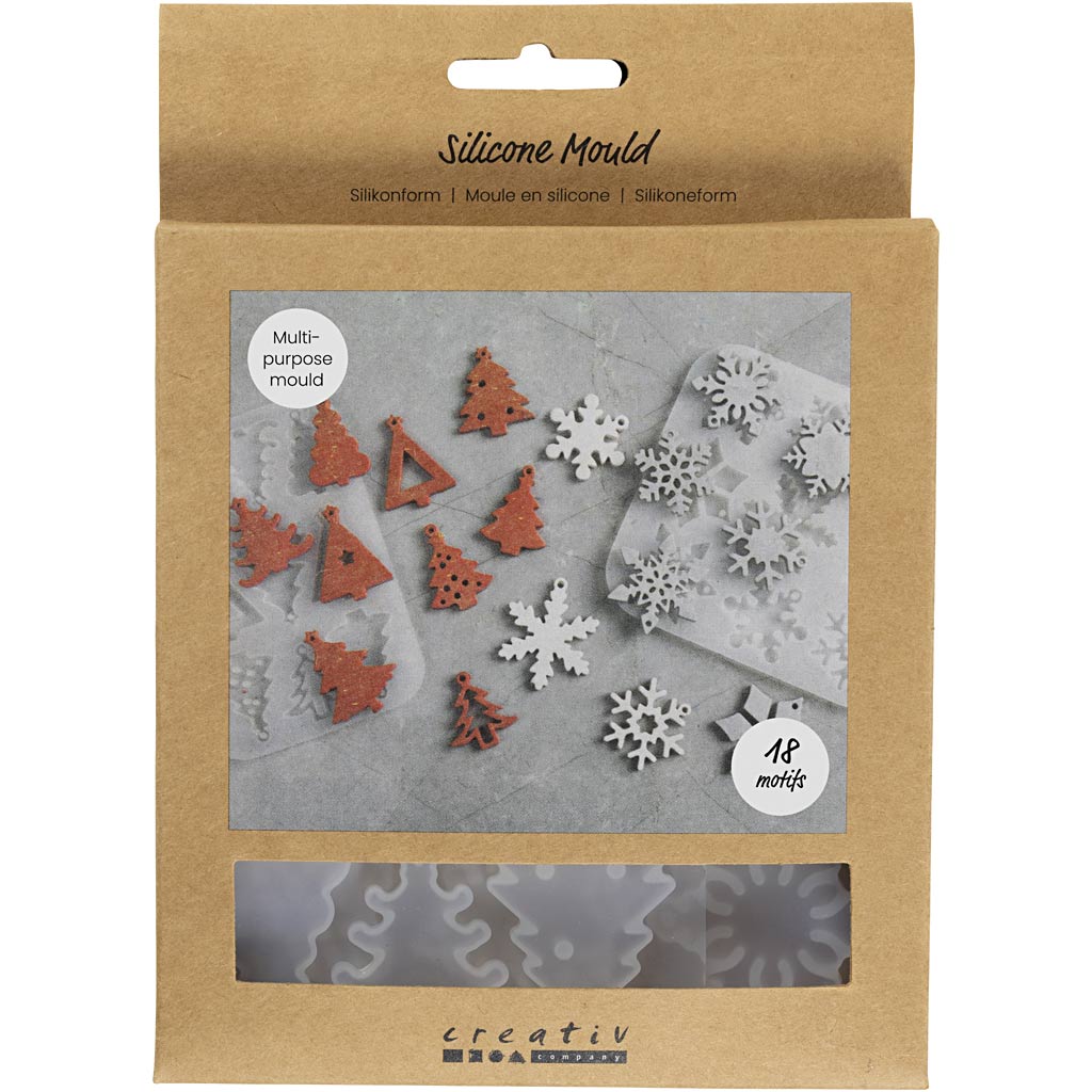 Creativ company formes en silicone, flocons de neige et sapins de Noël, h : 0,3 cm, l : 3,5 + 4,7 cm, avec trou pour suspendre, transparent mat, 2 pièces 1 pièce