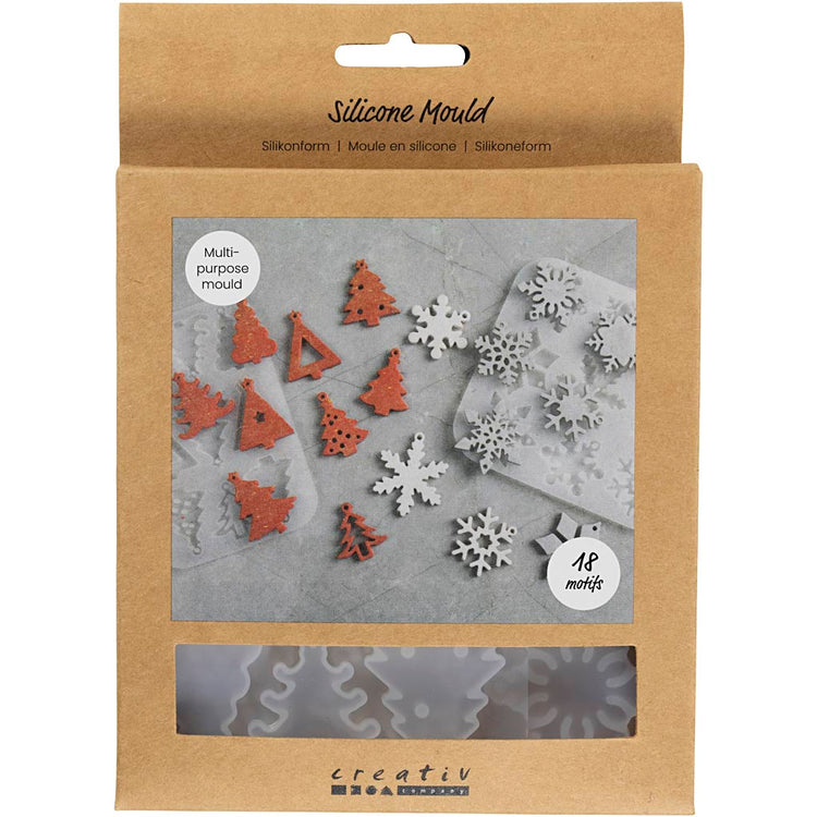 Creativ company formes en silicone, flocons de neige et sapins de Noël, h : 0,3 cm, l : 3,5 + 4,7 cm, avec trou pour suspendre, transparent mat, 2 pièces 1 pièce