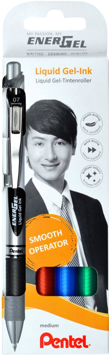 Pentel gel write energel bl77 0,7 mm blister de 4 pièces (noir, rouge, bleu et vert)