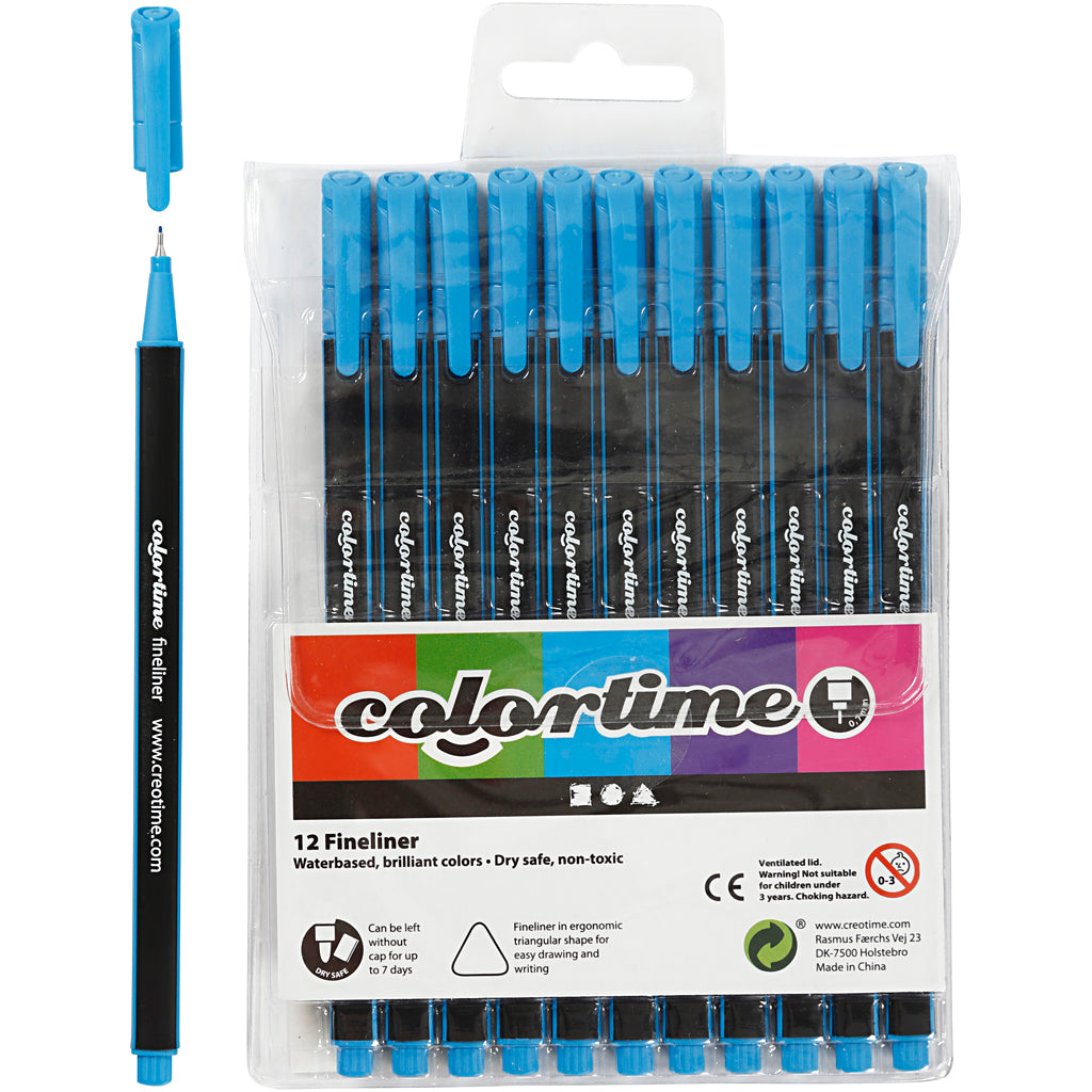 Feutres fins Colortime, largeur de trait 0,6-0,7 mm, bleu clair, 12 pièces 1 boîte