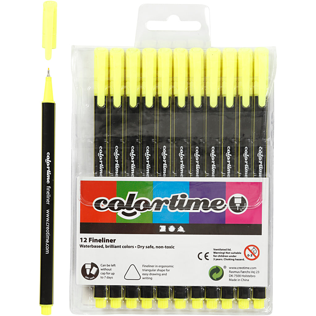 Feutres fins Colortime, largeur de trait 0,6-0,7 mm, jaune, 12 pièces 1 boîte