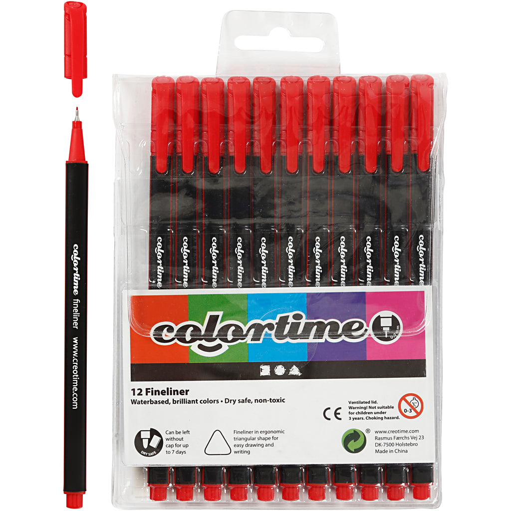 Feutres fins Colortime, largeur de trait 0,6-0,7 mm, rouge, 12 pièces 1 boîte