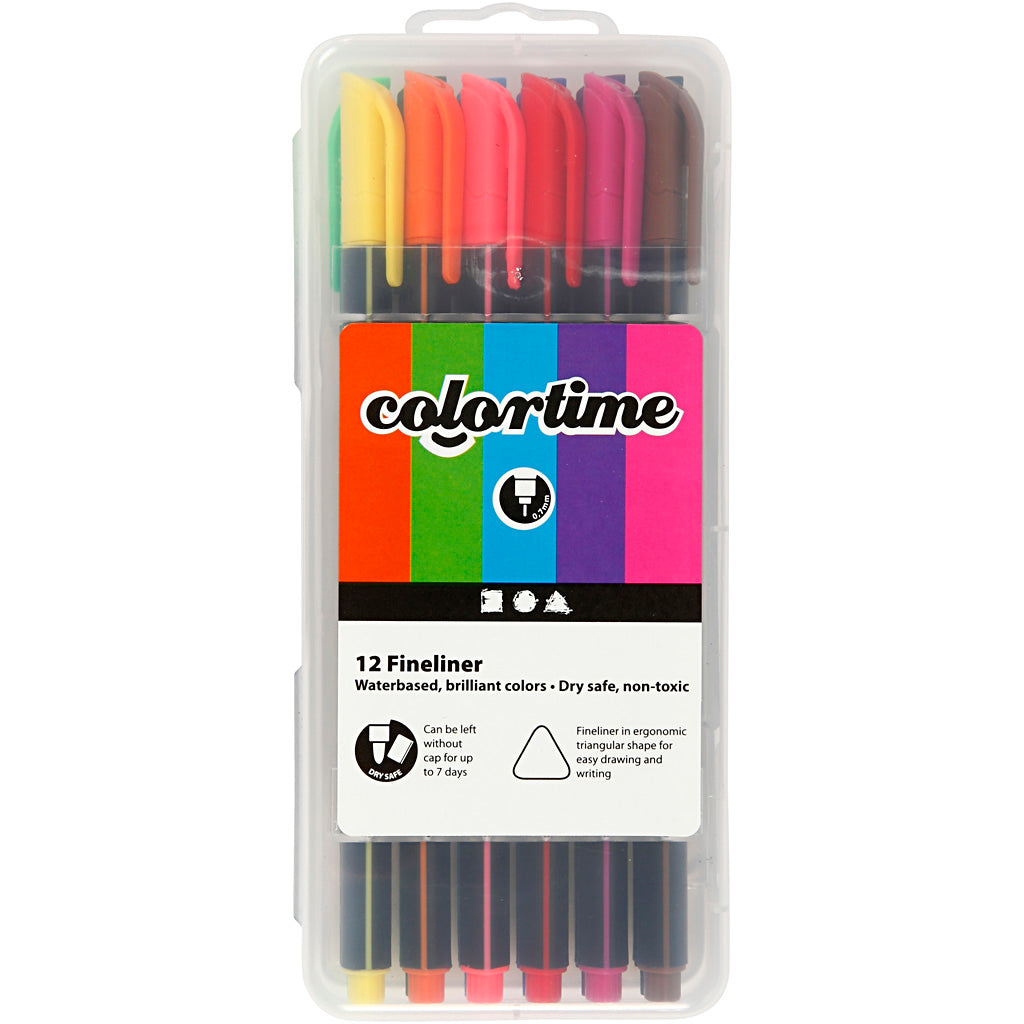 Feutres fins Colortime, épaisseur de trait 0,6-0,7 mm, différentes couleurs, 12 pièces, 1 boîte
