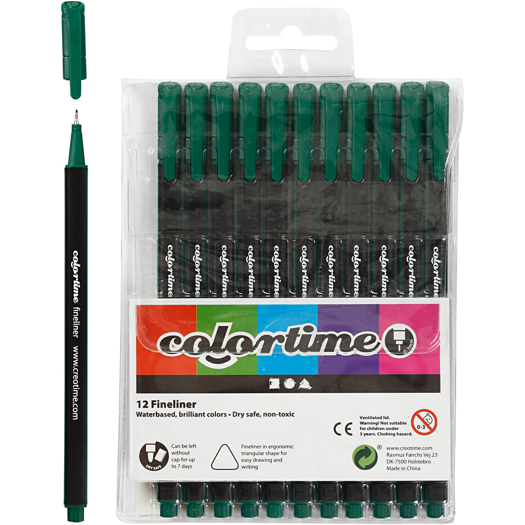 Feutres fins Colortime, largeur de trait 0,6-0,7 mm, vert foncé, 12 pièces 1 boîte