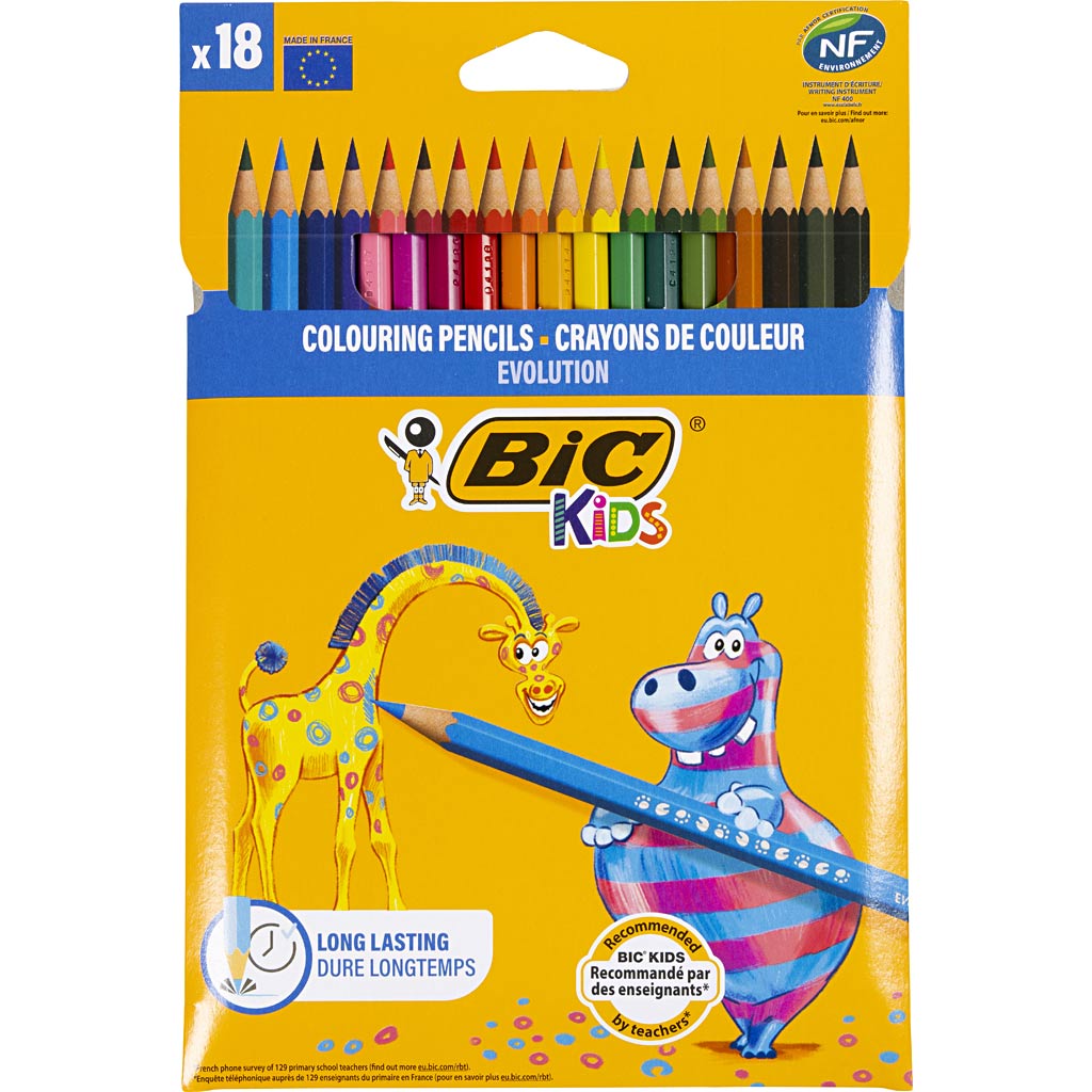 Crayons de couleur Bic Evolution, hexagonaux, L: 17,5 cm, remplissage de 3 mm, différentes couleurs, 18 pièces 1 boîte