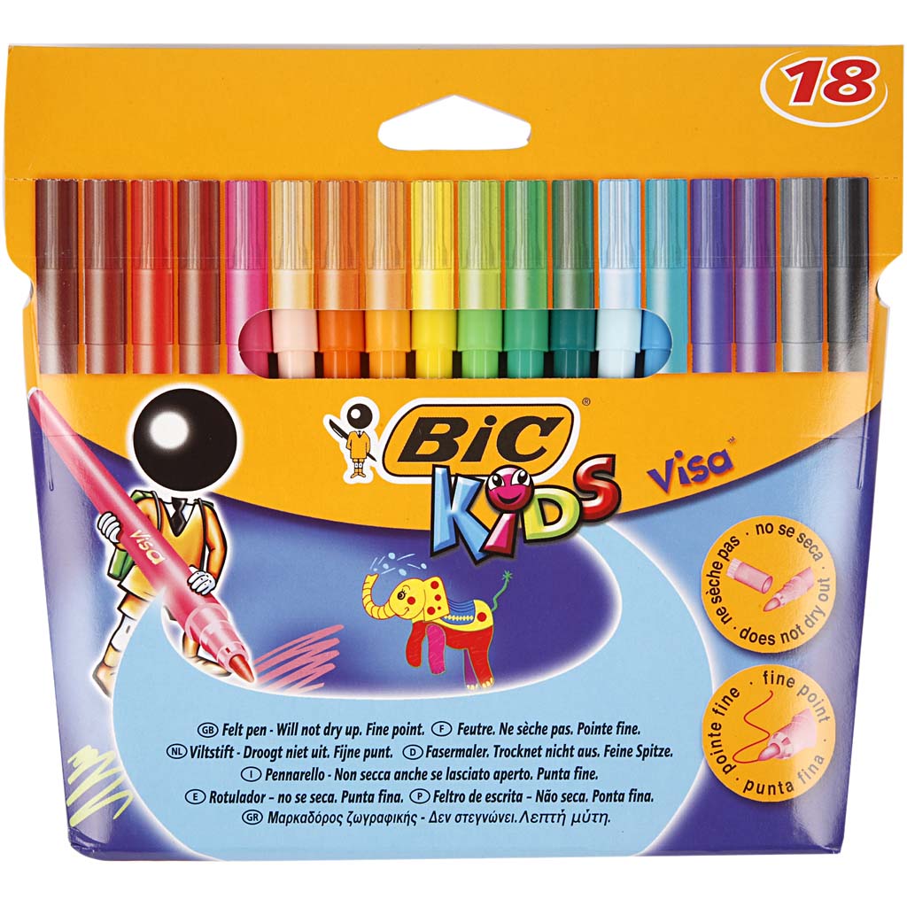 BIC Visa Bine Color Markers, épaisseur de ligne 1,6 mm, différentes couleurs, 18 pièces 1 boîte