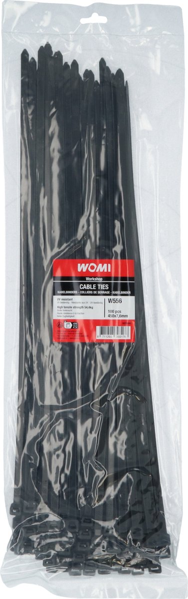 Attaches de câble Womi 450×7,6 mm noir – 100 pièces – extra longues – haute résistance à la traction