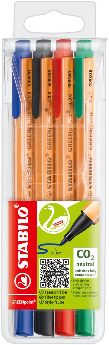 Stabilo greenpoint - feutre fin à pointe rigide 0,8 mm - pointe nylon - neutre en CO2 - étui de 4 couleurs