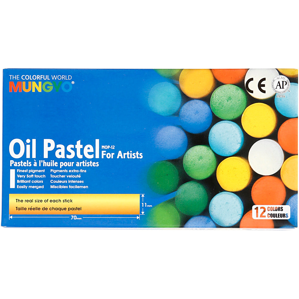 Pastel à l'huile Mungyo, l: 7 cm, épaisseur 11 mm, différentes couleurs, 12 pièces 1 boîte