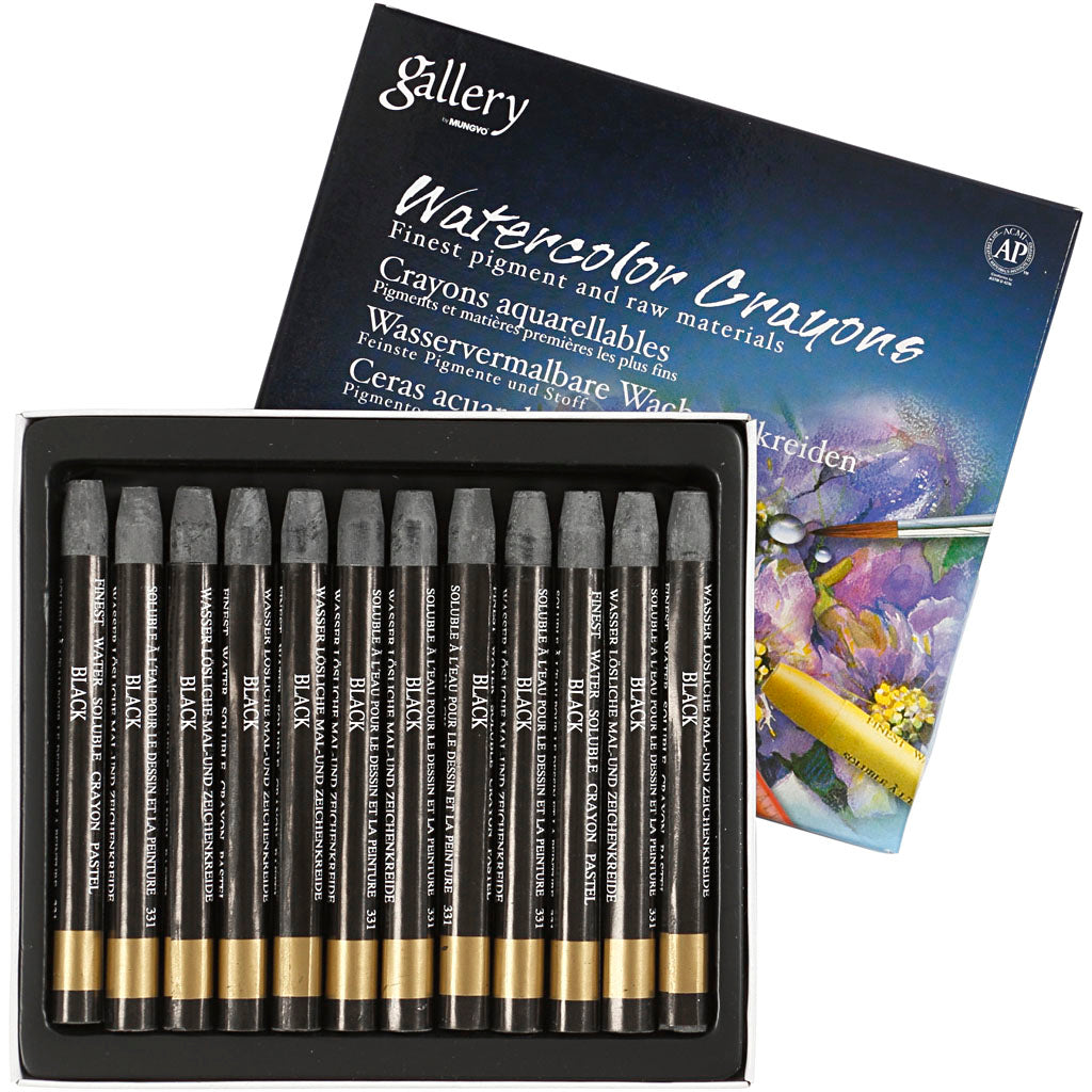 Craie aquarelle Mungyo, L : 9,3 cm, épaisseur 8 mm, noire (331), 12 pièces 1 boîte