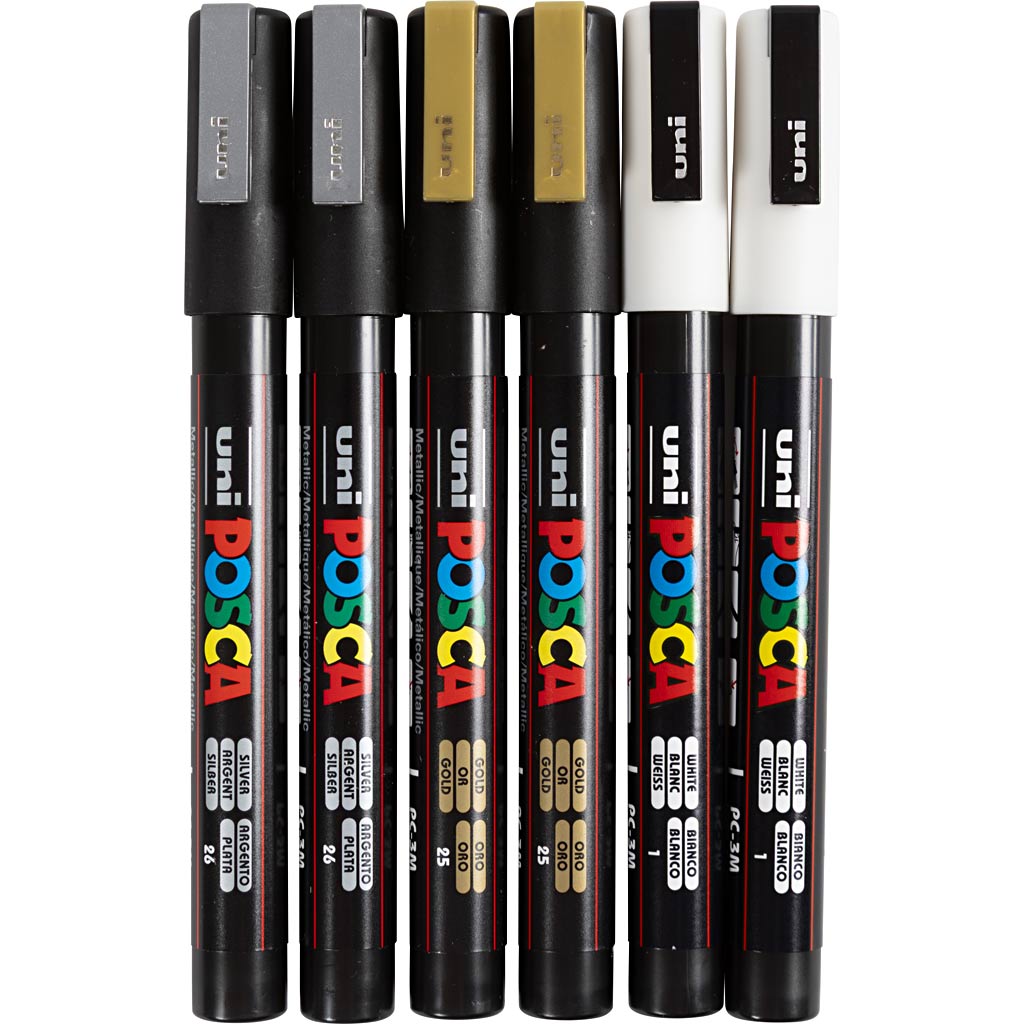 Marqueur Posca Uni-Posca, AFM PC-3M, épaisseur de ligne 0,9-1,3 mm, fin, or, argent, blanc, 6 div 1 boîte