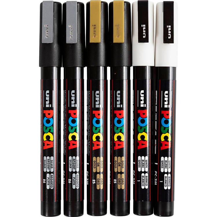Marqueur Posca Uni-Posca, AFM PC-3M, épaisseur de ligne 0,9-1,3 mm, fin, or, argent, blanc, 6 div 1 boîte