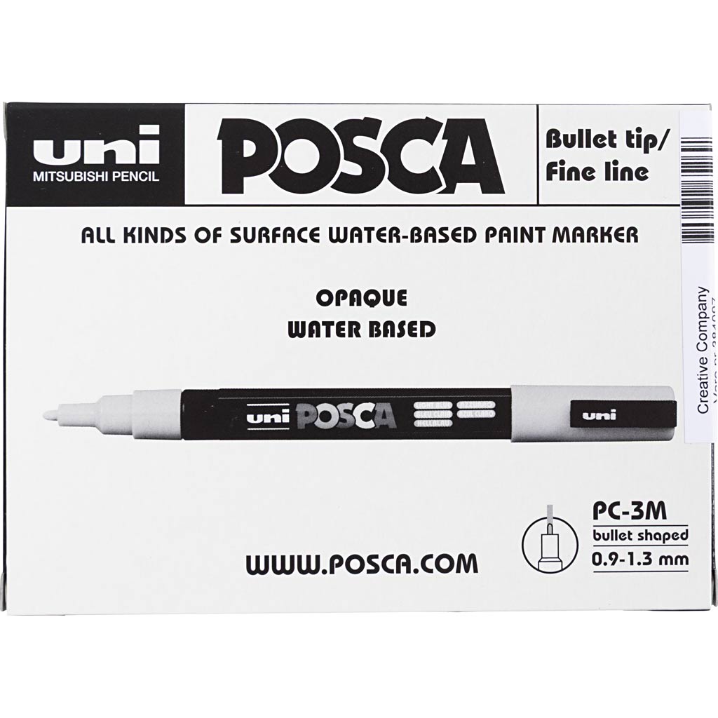 Marqueur Posca Uni-Posca, AFM PC-3M, épaisseur de ligne 0,9-1,3 mm, fin, or, argent, blanc, 6 div 1 boîte