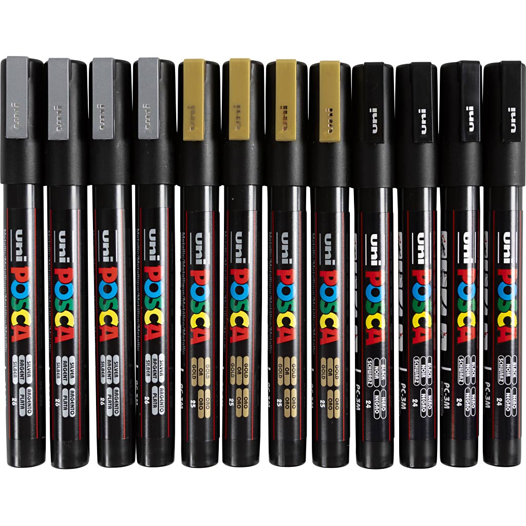 Marqueur Posca Uni-Posca, AFM PC-3M, épaisseur de ligne 0,9-1,3 mm, fin, noir, or, argent, 12 div 1 boîte