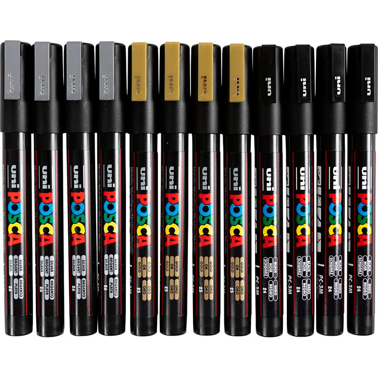 Marqueur Posca Uni-Posca, AFM PC-3M, épaisseur de ligne 0,9-1,3 mm, fin, noir, or, argent, 12 div 1 boîte
