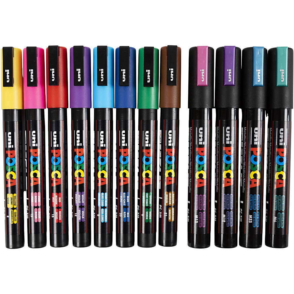 Marqueur Uni-posca posca, taille pc-5m + pc-3m, largeur de trait 0,9-1,3 + 2,5 mm, différentes couleurs, 12 div 1 boîte