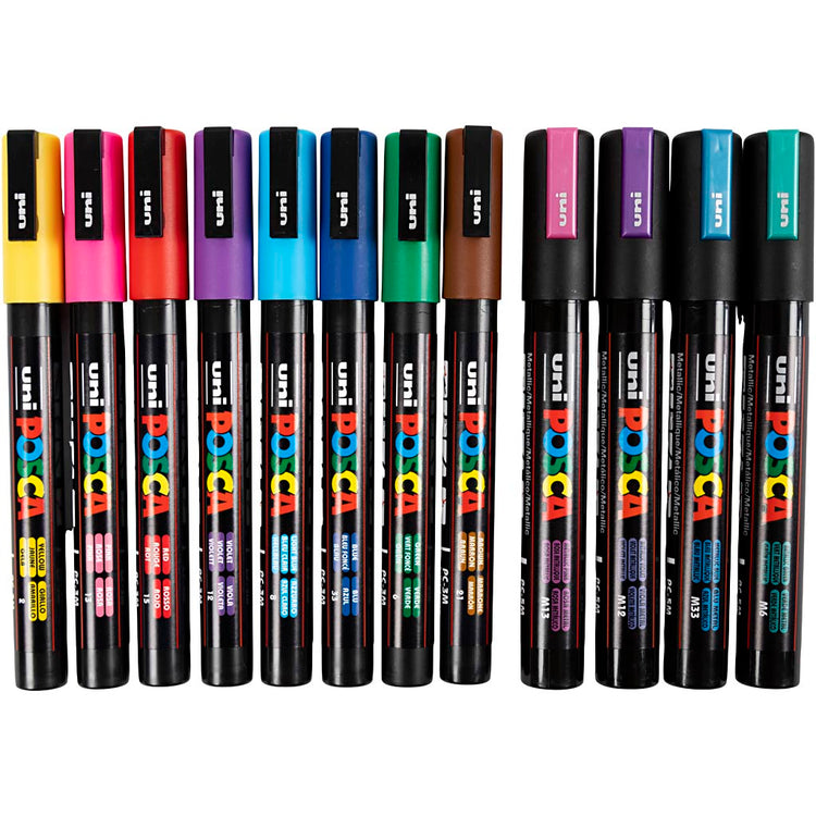 Marqueur Uni-posca posca, taille pc-5m + pc-3m, largeur de trait 0,9-1,3 + 2,5 mm, différentes couleurs, 12 div 1 boîte