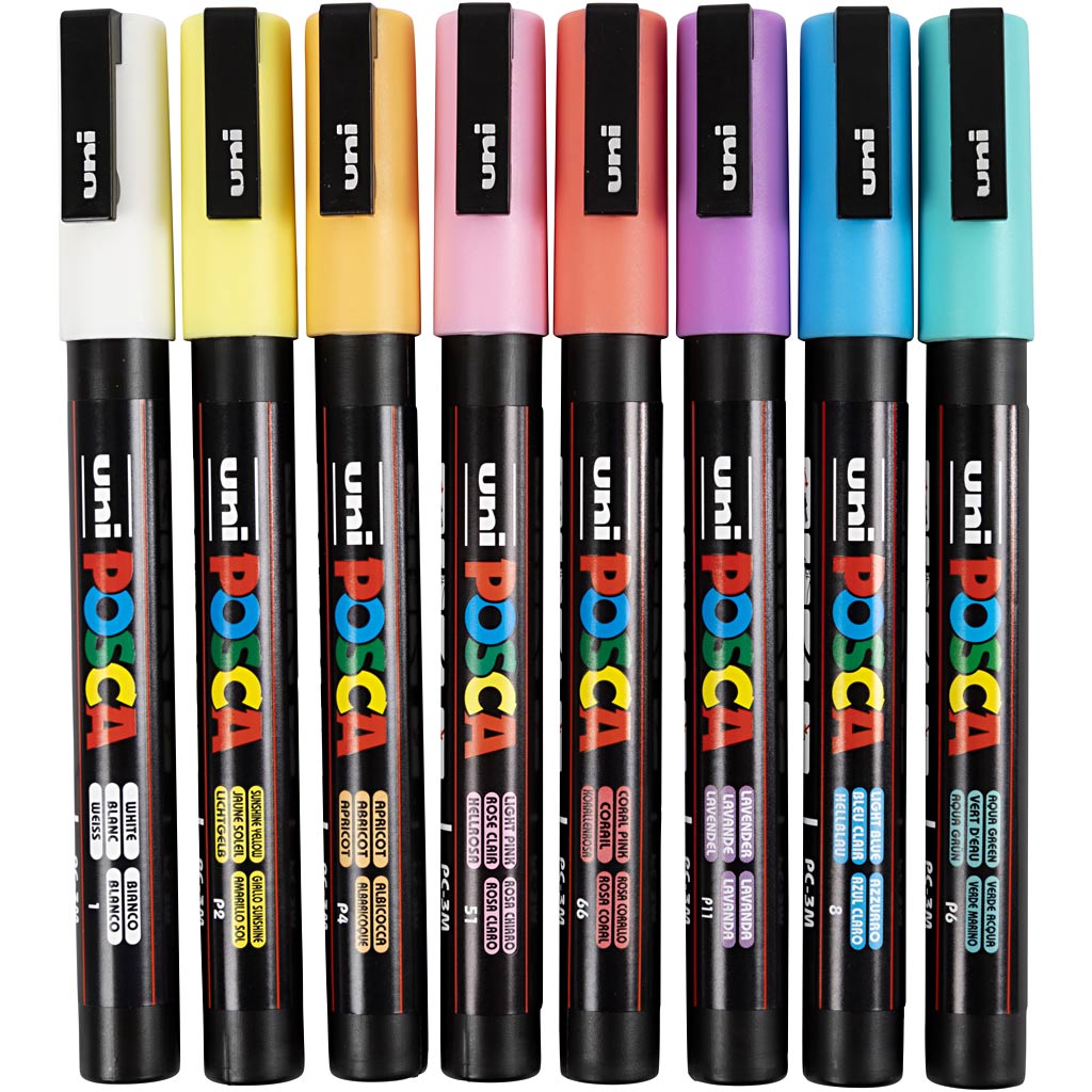 Marqueur Posca Uni-Posca, AFM PC-3M, épaisseur de ligne 0,9-1,3 mm, fine, différentes couleurs, 8 boîte div 1