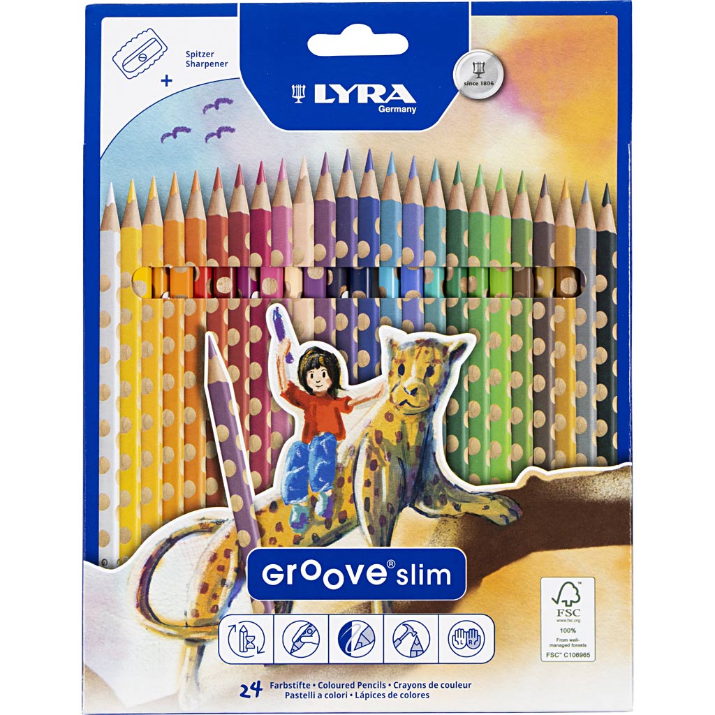 Crayons de couleur de couleur mince lyra, l: 18 cm, remplissage de 3,3 mm, différentes couleurs, 24 pièces 1 boîte