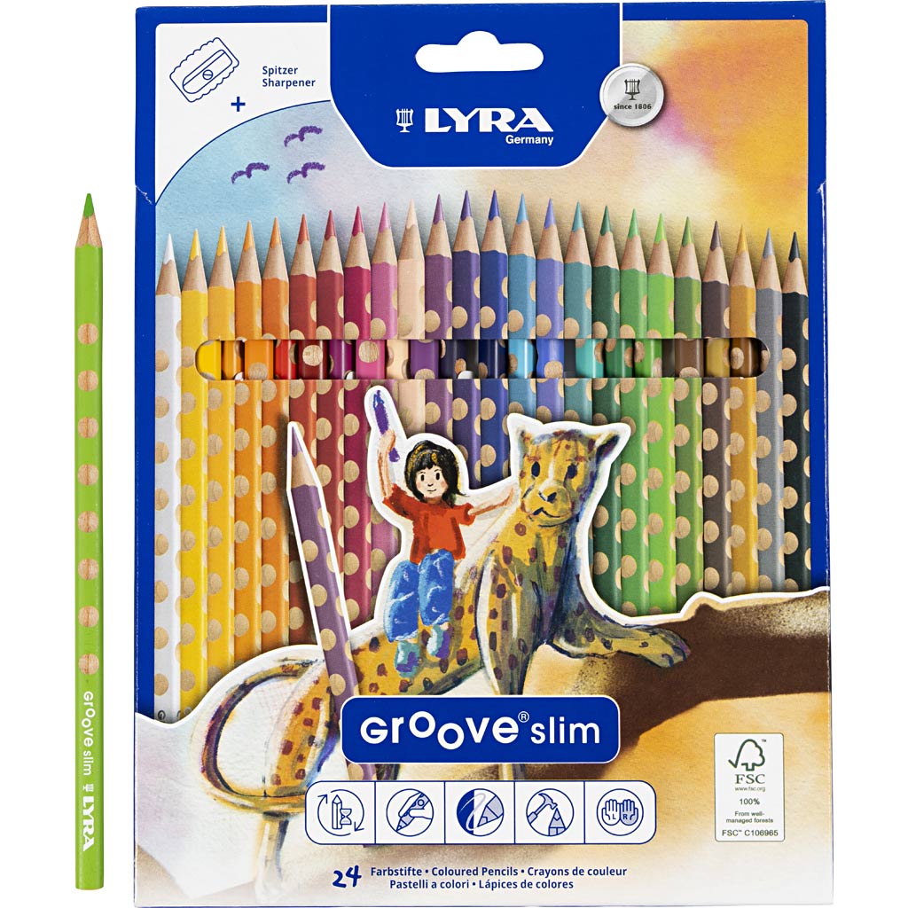 Crayons de couleur de couleur mince lyra, l: 18 cm, remplissage de 3,3 mm, différentes couleurs, 24 pièces 1 boîte