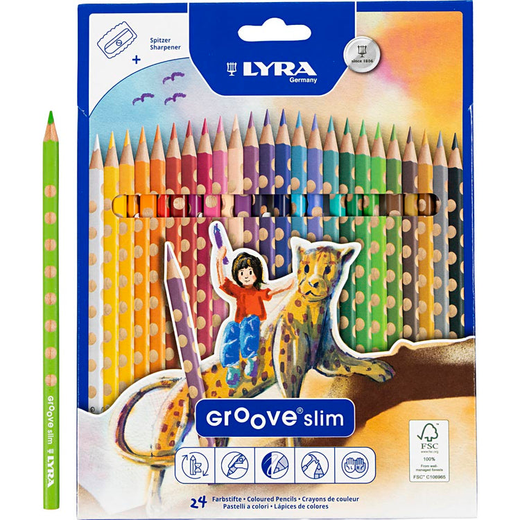 Crayons de couleur de couleur mince lyra, l: 18 cm, remplissage de 3,3 mm, différentes couleurs, 24 pièces 1 boîte