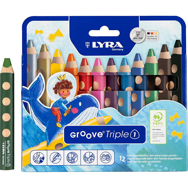 Crayons de couleur Groove Triple1, L: 12 cm, remplissage de 10 mm, différentes couleurs, 12 pièces 1 boîte