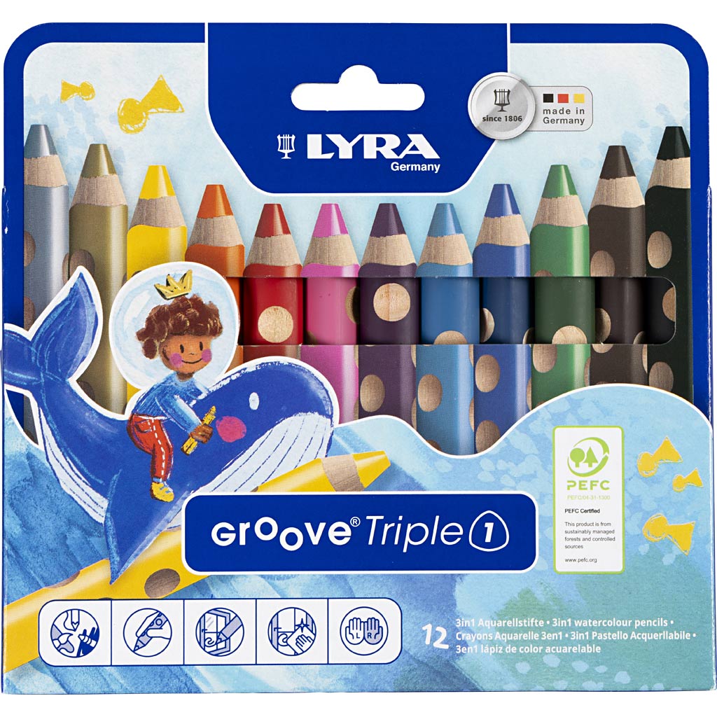 Crayons de couleur Groove Triple1, L: 12 cm, remplissage de 10 mm, différentes couleurs, 12 pièces 1 boîte