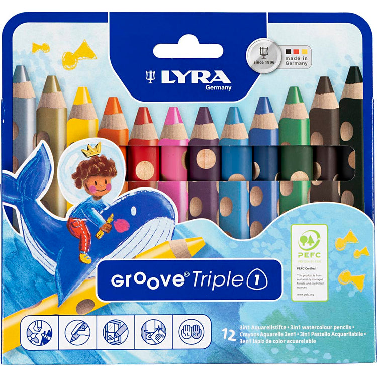 Crayons de couleur Groove Triple1, L: 12 cm, remplissage de 10 mm, différentes couleurs, 12 pièces 1 boîte