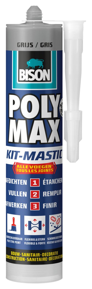 Bison poly max kit gris tube 280 ml, kit tout en 1, joint étanche, universel, intérieur et extérieur. remplissage, résistant aux températures de - 40°c à + 100°c