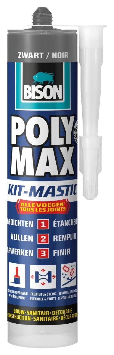 Bison poly max kit noir tube 280 ml, kit tout en 1, joint étanche, universel, intérieur et extérieur, peut être peint, remplissant, résistant aux températures de - 40°c à + 100°c