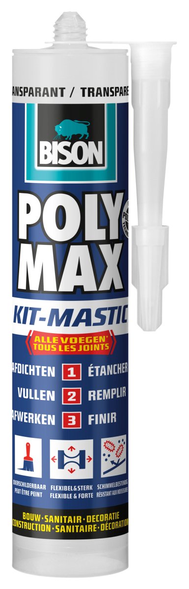 Bison poly max kit tube transparent 280 ml, kit tout en 1, joint d'étanchéité, universel, intérieur et extérieur, à peindre, remplissage, sans retrait, résistant aux températures de - 40°c à + 100°c
