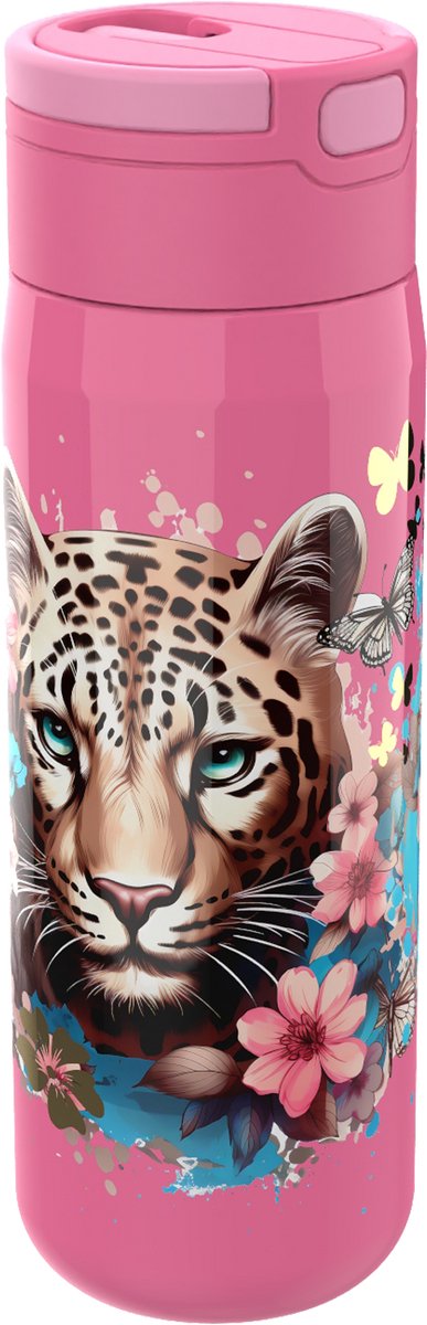 Lunch buddies léopard - gourde papillons fleuris - avec paille - double paroi - garde au froid 12 heures - acier inoxydable - 500 ml - se ferme bien - gourde pour enfants - sans BPA - rose