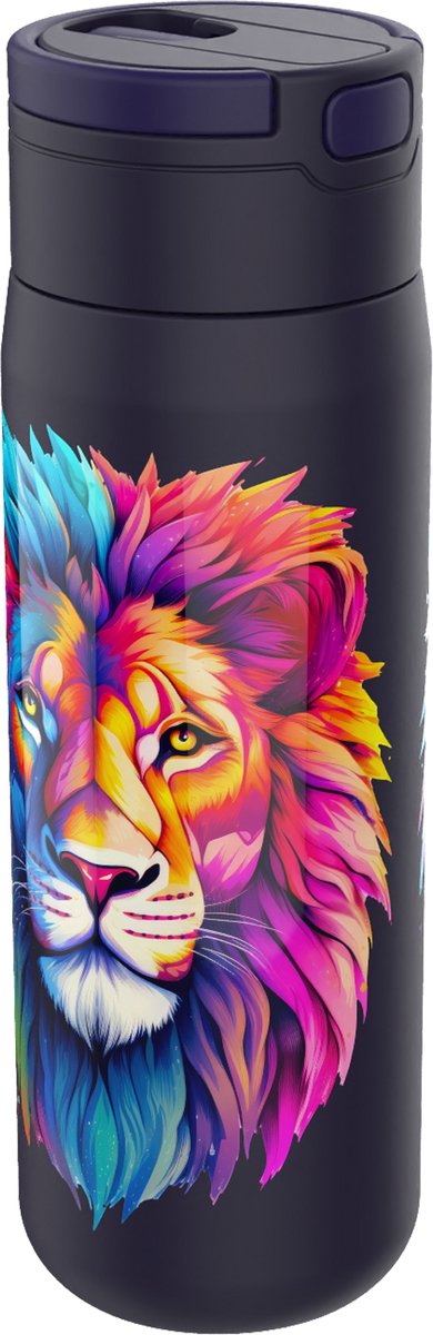Gourde lion des copains du déjeuner - avec paille - double paroi - garde au froid pendant 12 heures - acier inoxydable - 500 ml - se ferme bien - gourde pour enfants - sans BPA - noir