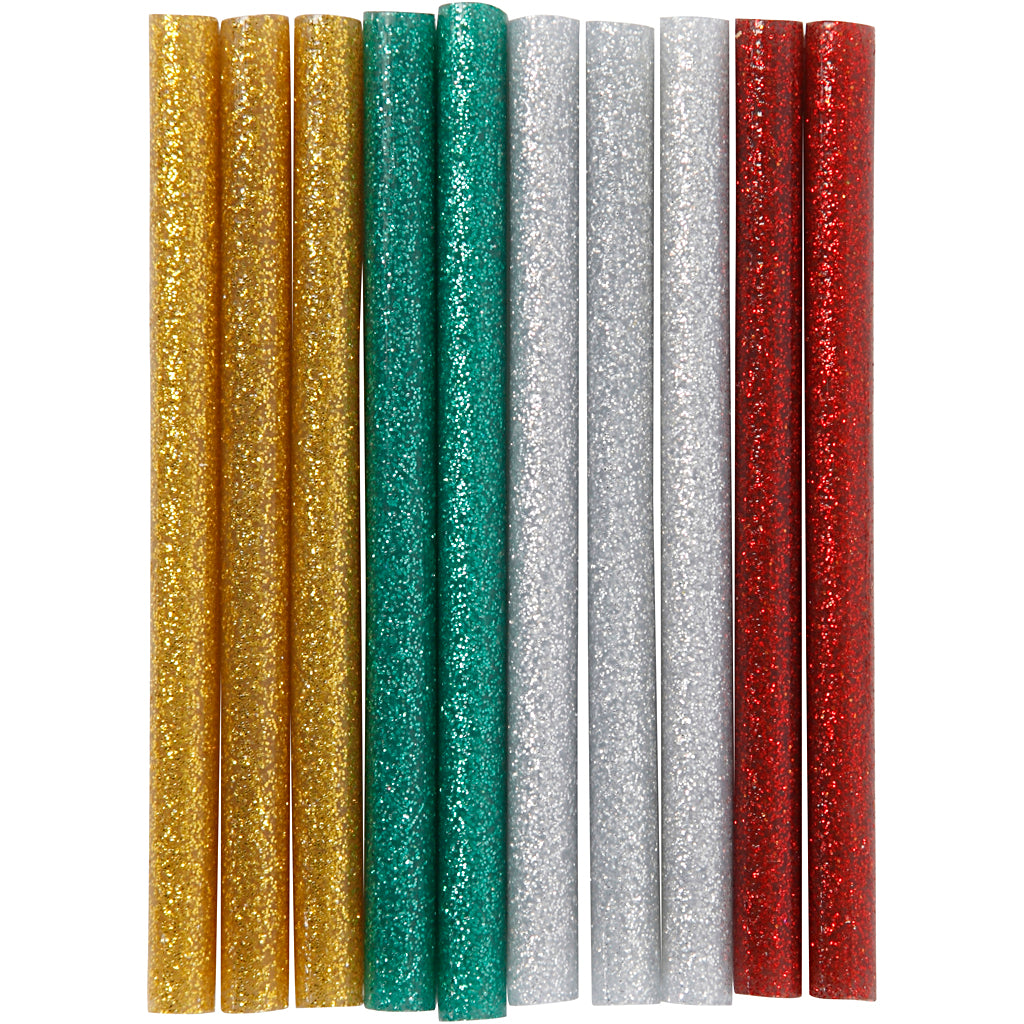 Creativ company bâtons de colle mini, L : 10 cm, D 7 mm, paillettes, or, vert, rouge, argent, 10 pièces 1 boîte