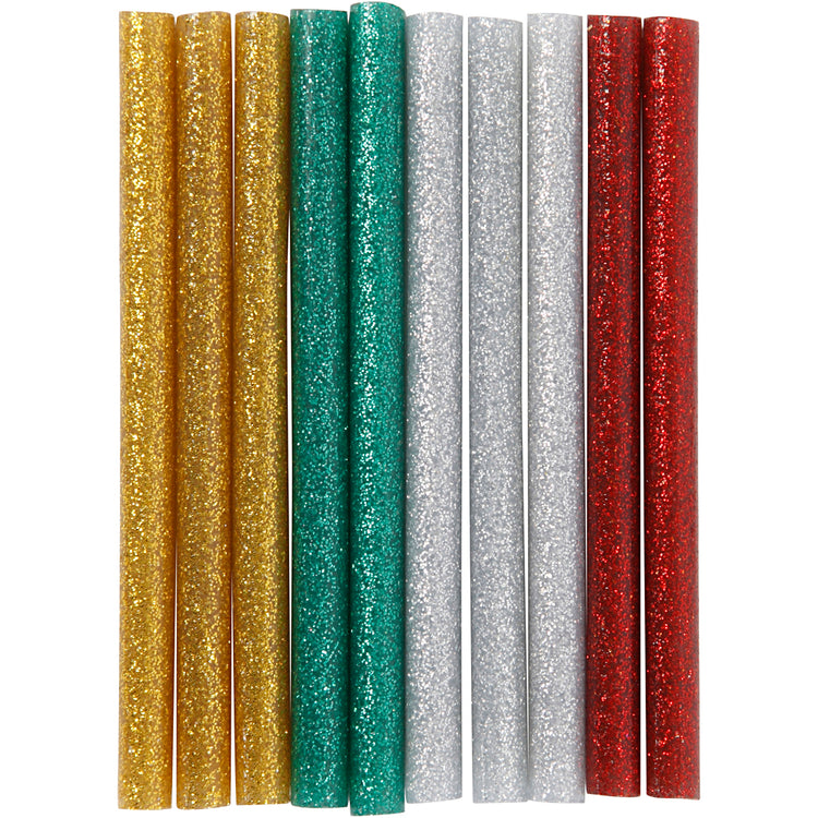 Creativ company bâtons de colle mini, L : 10 cm, D 7 mm, paillettes, or, vert, rouge, argent, 10 pièces 1 boîte