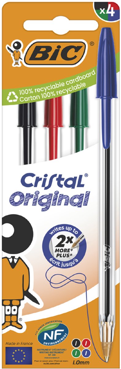 Bic cristal original, clip, stylo à bille stick, bleu, 4 pièce(s), moyen