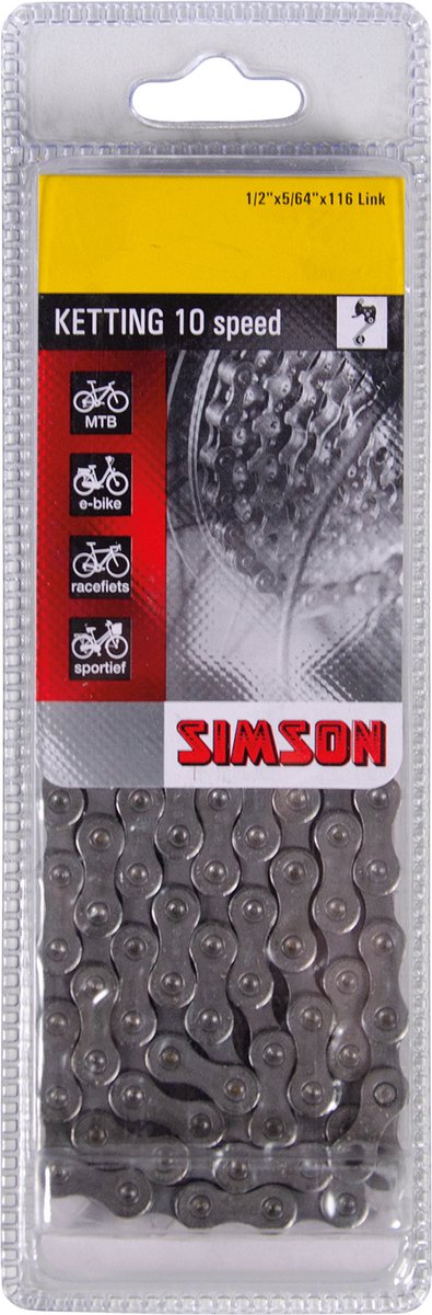 Chaîne Simson Dérailleur 10 - chaîne vélo 10 vitesses, antirouille, 116 maillons, 1 2 X5 64