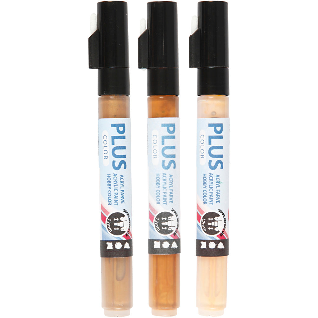 Marqueur de couleur Plus, l: 14,5 cm, trait 1-2 mm, beige clair, or, terre de Sienne brute, 5,5 ml, 3 pièces 1 boîte