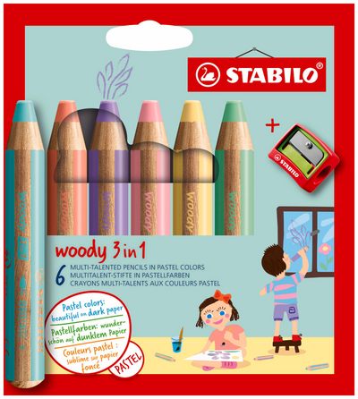 Crayons de couleur arty de stabililo Woody - 6 couleurs + crayon Sharper