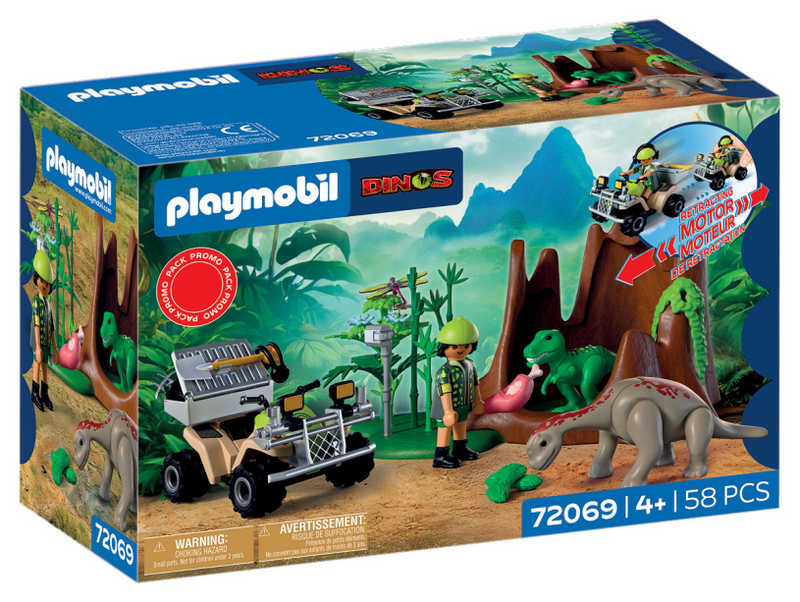 Playmobil | dinosaures | cachette des dinosaures | Explorateur de dinosaures avec quad, bébé t-rex et bébé brachiosaure | jouets pour enfants à partir de 4 ans | 72069