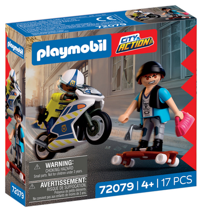 Playmobil city action police poursuite en moto | policier poursuit un voleur sur un longboard | stimule la créativité | jouets pour enfants à partir de 4 ans | 72079