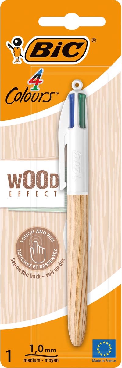 Bic couleurs style bois | Stylo à bille 4 couleurs | moyen | couleurs d'encre classiques | sous blister